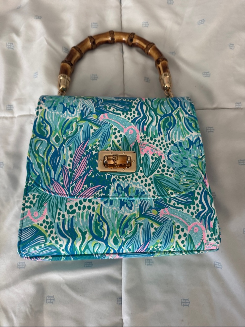 Lilly Pulitzer Tropical Print Top-Handle Satchel in Teal, Aqua & Pink